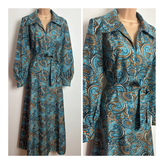 Vintage 1970s EASTEX Size 14 Blue & Orange Nouveau Paisley Print Long Sleeve Belted Maxi Dress