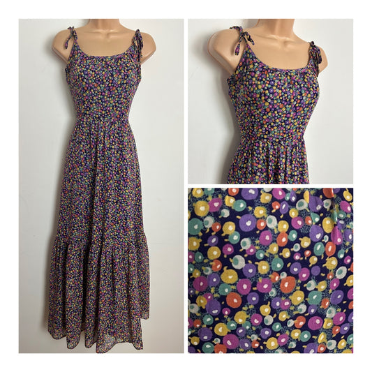 Vintage 1970s VERA MONT Size 6 Purple Coral & Yellow Abstract Spotty Print Tie Shoulder Maxi Dress