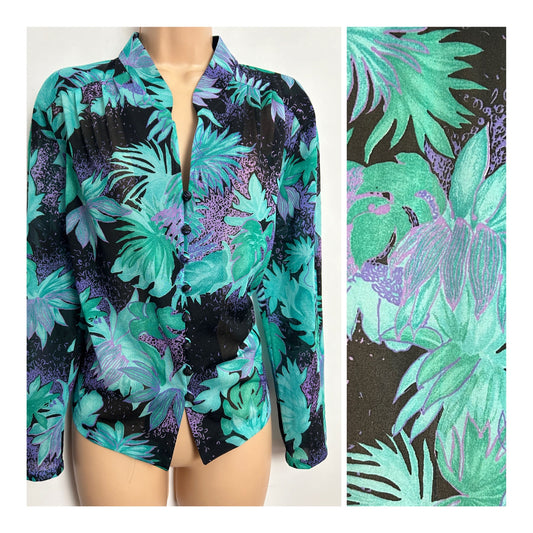 Vintage Early 1980s VON GASSLER UK Size 16 Black & Green Tones Leaf Print Long Sleeve Blouse