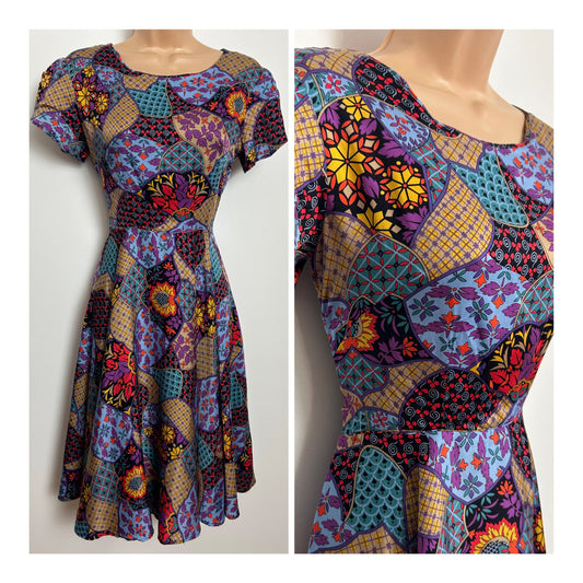 Vintage Late 1960s Size 8 Blue Purple Yellow & Blue Patchwork Floral Print Short Sleeve Fit & Flare Day Dress