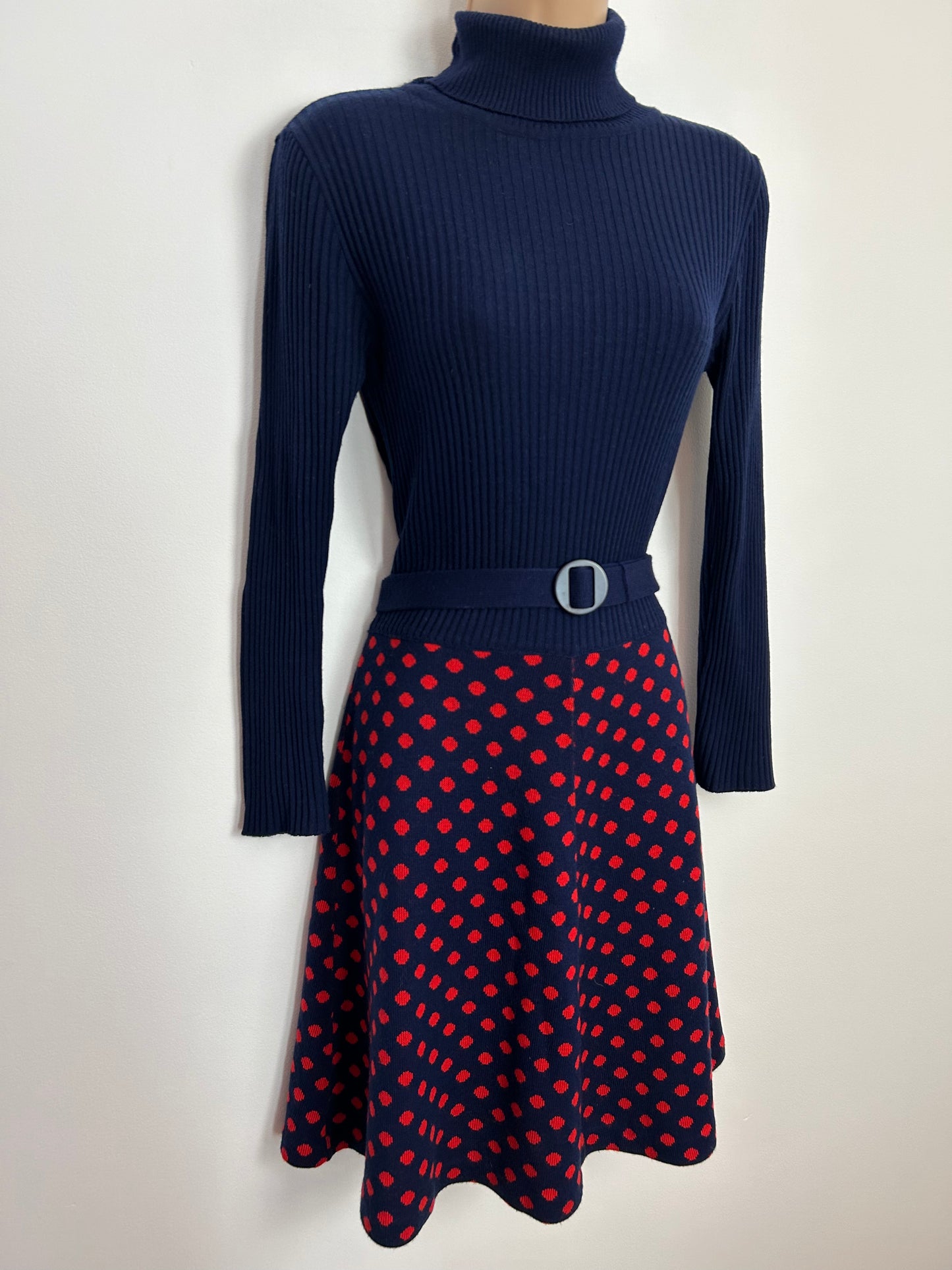 Vintage 1970s UK Size 10-12 Navy Blue & Red Ribbed Jersey Polka Dot Long Sleeve Belted Mod Dress