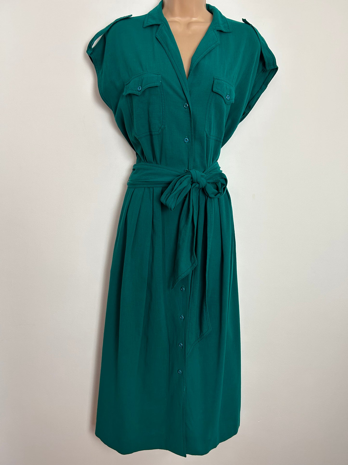 Vintage 1980s JAEGER UK Size 8 Emerald Green 100% Cotton Shirt Style Belted Midi Dress