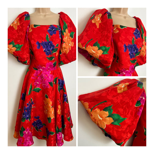 Vintage 1980s Rare RAUL BLANCO Size 10-12 Red Floral Print 100% Silk Statement Puffed Sleeve Occasion Dress