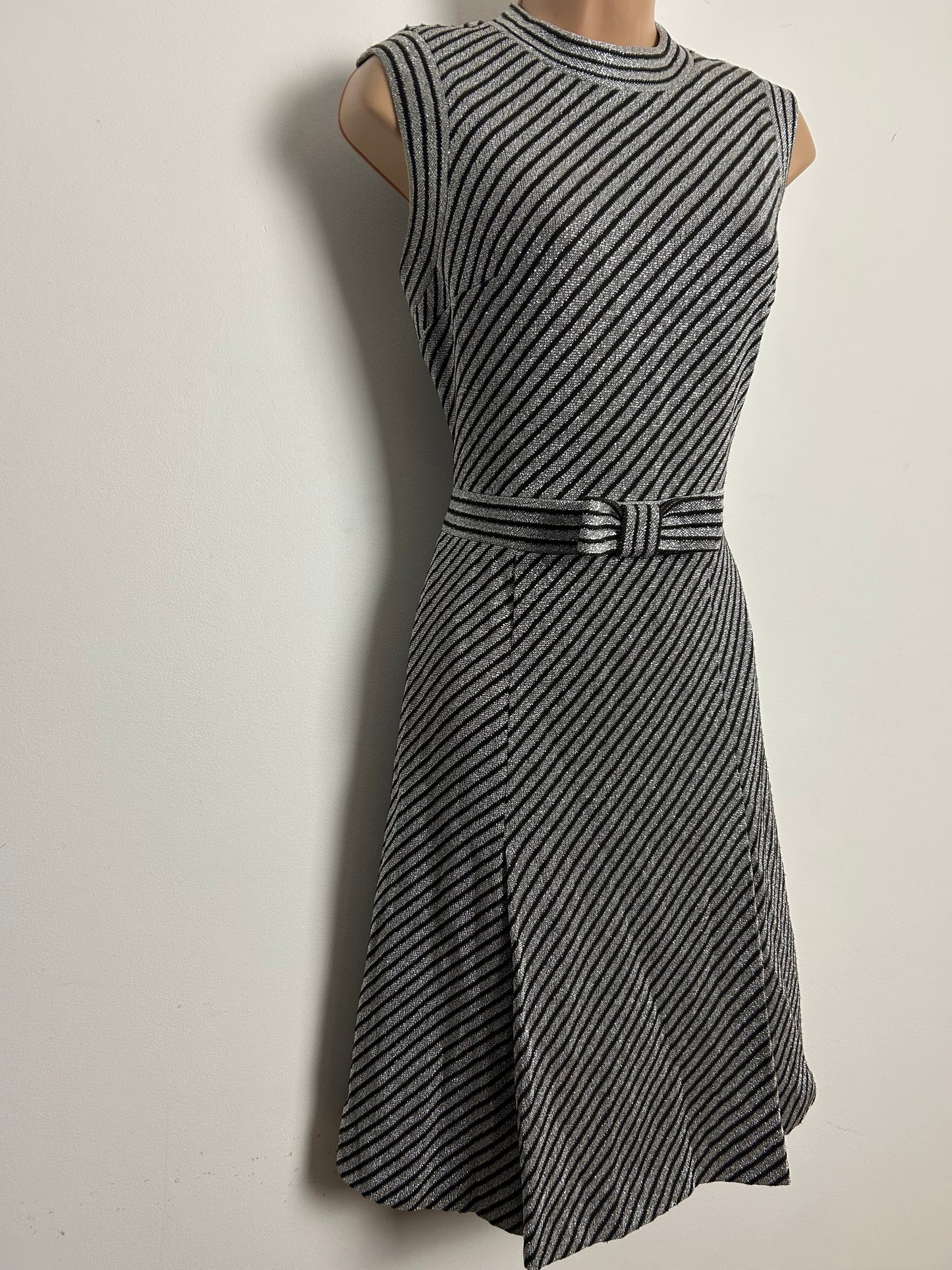 Vintage 1960s Size 12 Silver & Brown Lurex Stripe Bow Detail Mod Party Dress