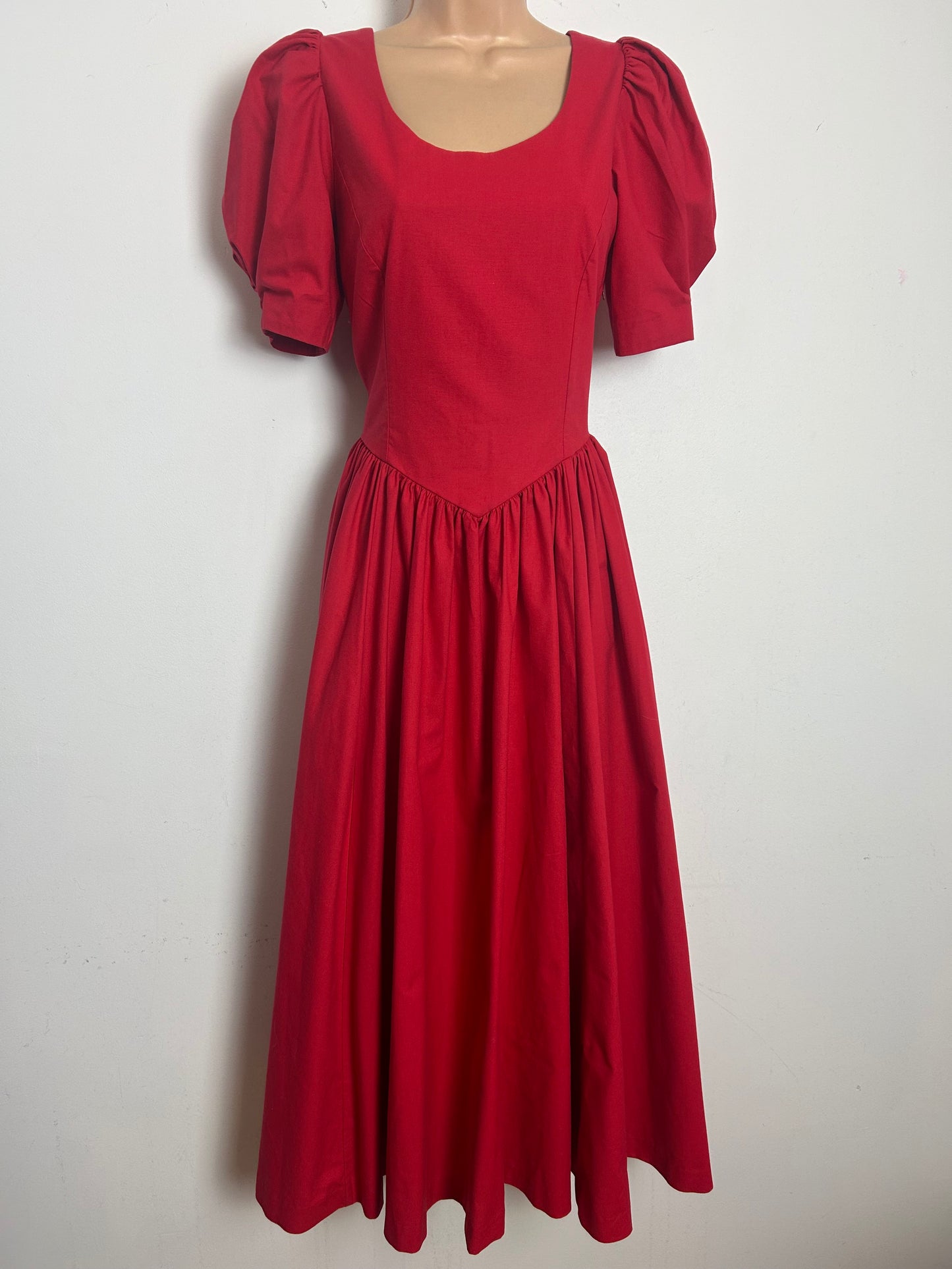 Vintage 1980s LAURA ASHLEY Size 10 (12 On Label) Red Open Bow Back Puff Sleeve Midi Occasion Gown