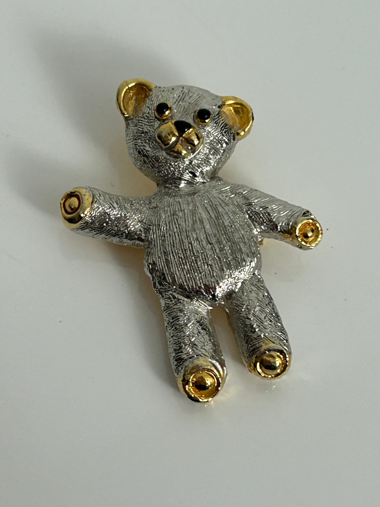 Vintage 1980s Small Silver Tone & Gold Cute Little Teddy Bear Pin Brooch