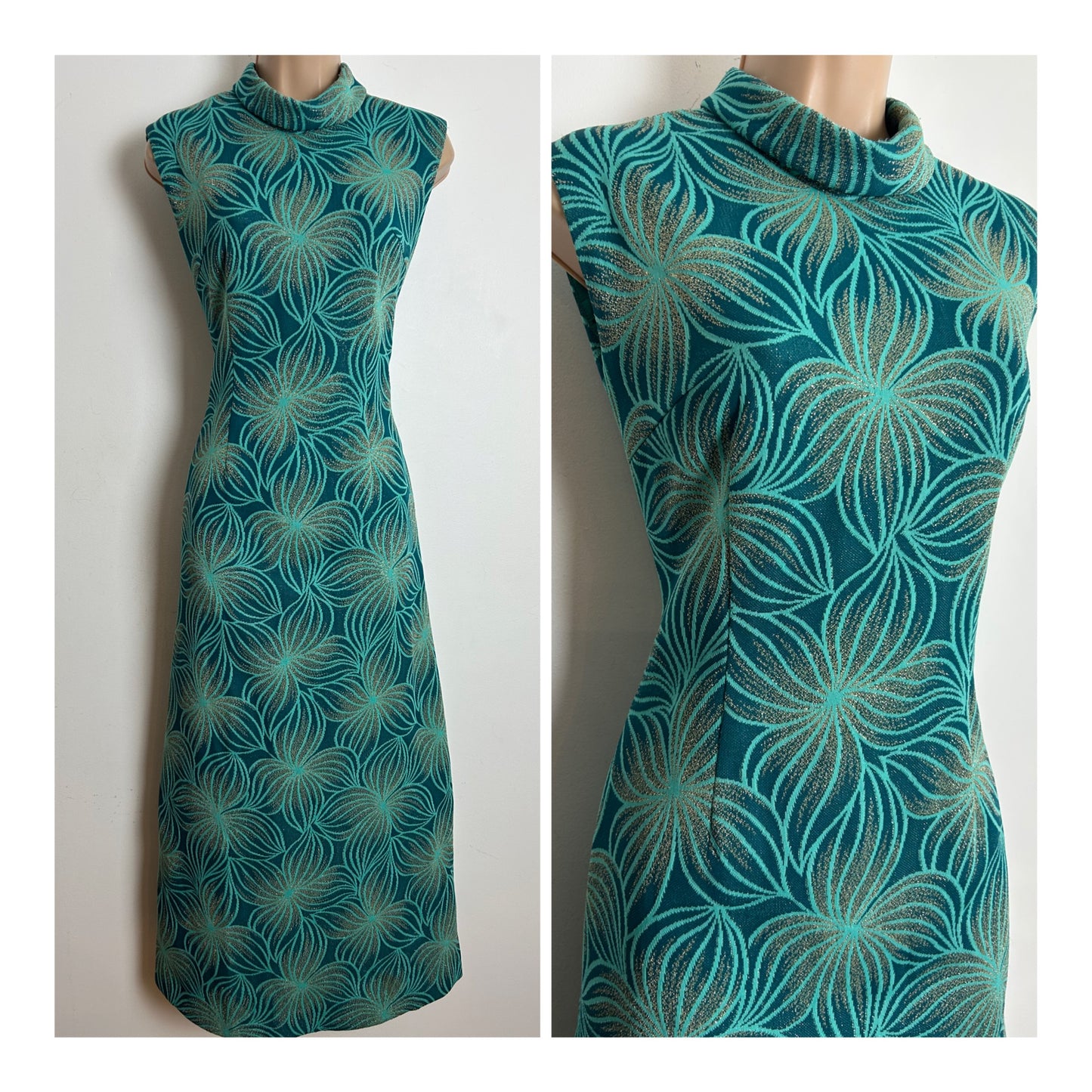 Vintage 1970s Size 8 Teal Turquoise & Gold Lurex Abstract Pattern Column Style Evening Maxi Dress