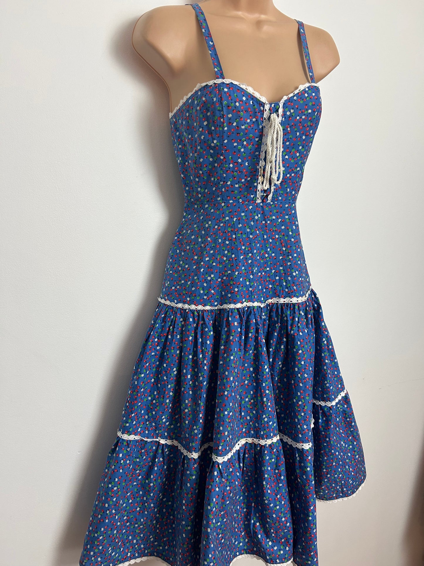 Vintage 1970s DOLLY DOLLY Size 4-6 Blue Green Red & White Apple Print Lace Up Belted Summer Dress