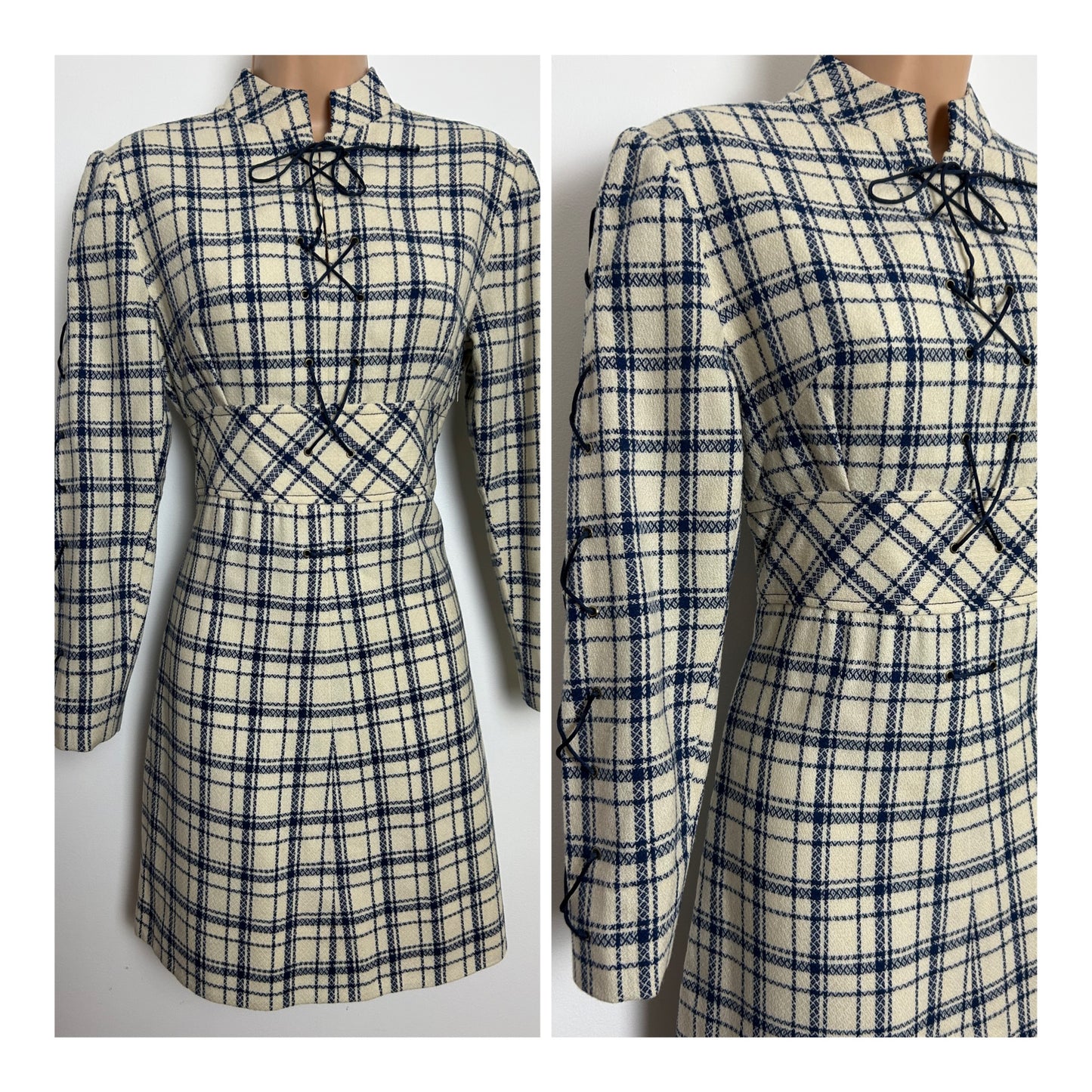 Vintage 1960s Size 8 Cream & Blue Check Pattern Wool Long Sleeve Lace Up Detail Mod Dress
