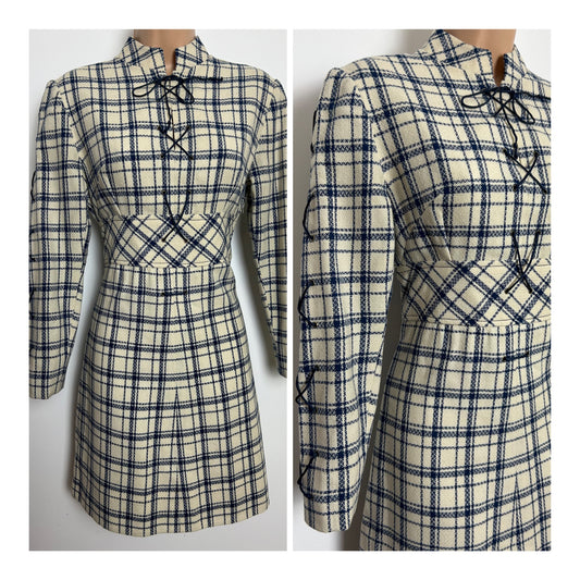 Vintage 1960s Size 8 Cream & Blue Check Pattern Wool Long Sleeve Lace Up Detail Mod Dress