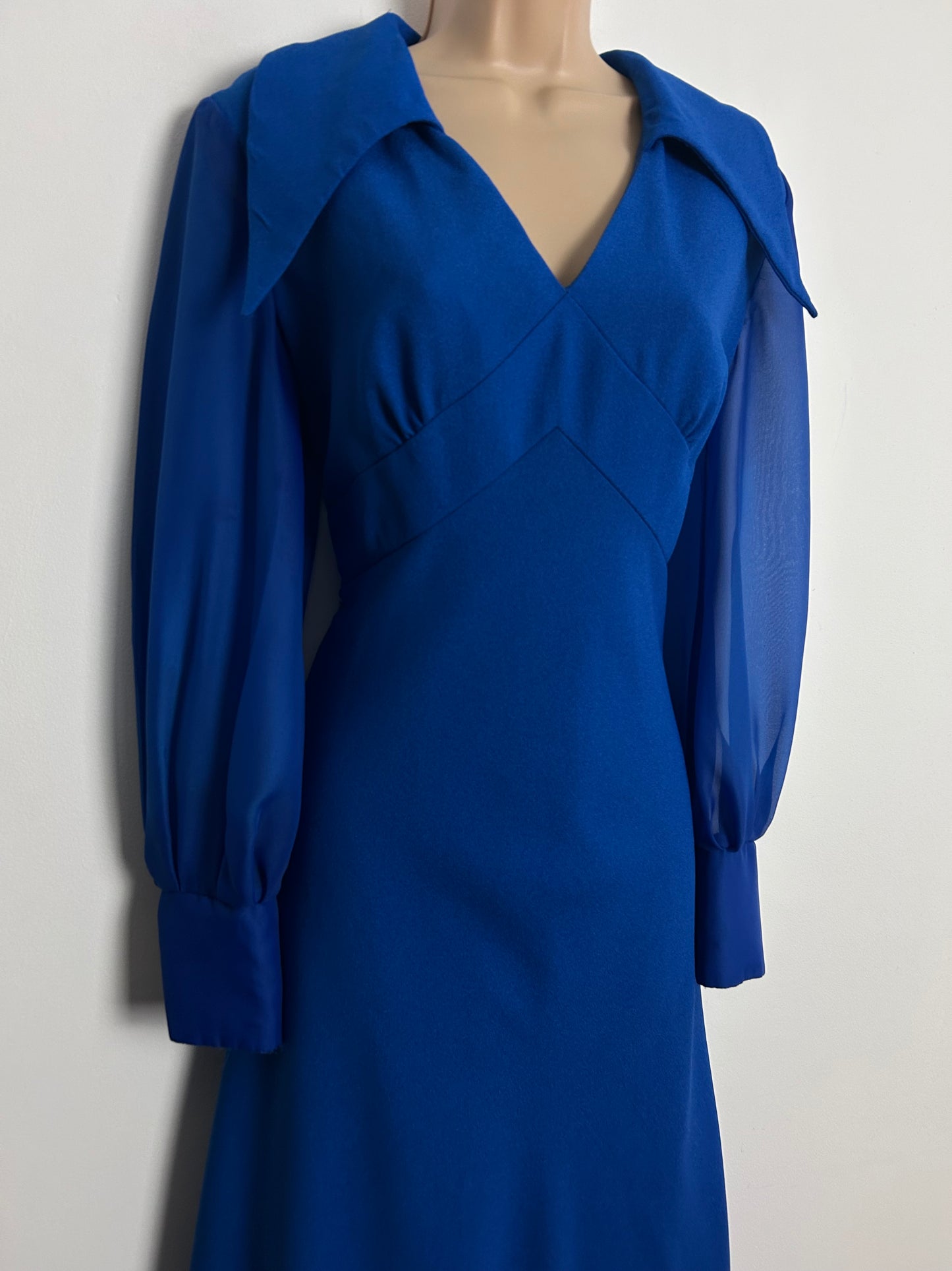 Vintage 1970s UK Size 14 Royal Blue Dagger Collar Long Chiffon Sleeve Occasion Evening Maxi Dress
