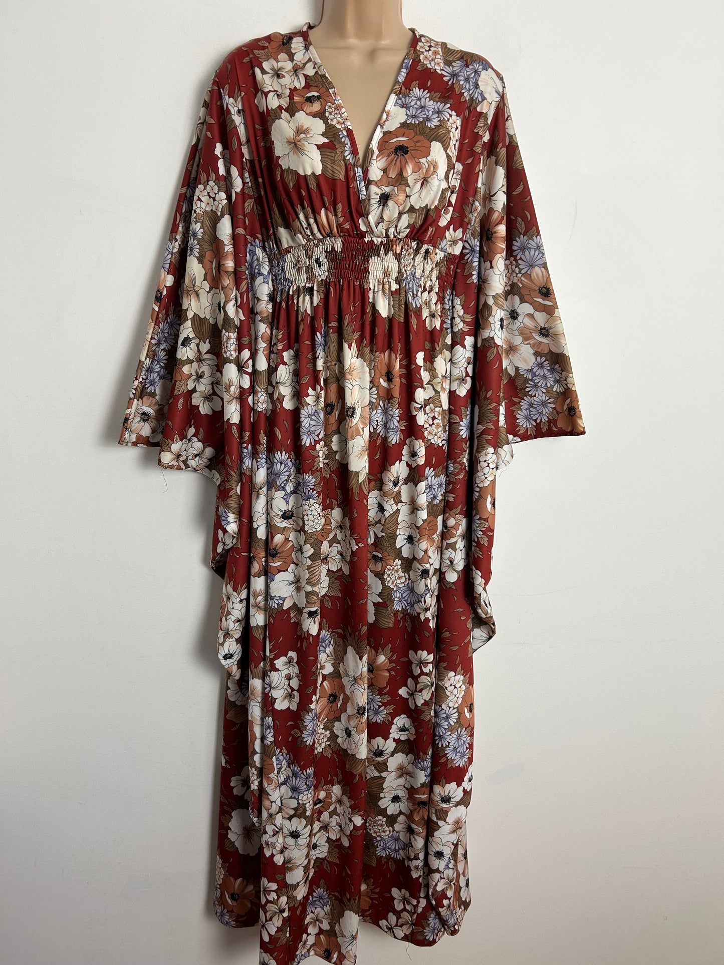 Vintage 1970s SYLVAN One Size Up To Size 12/14 Chestnut Brown Floral Print Wide Sleeve Kaftan Style Boho Maxi Dress