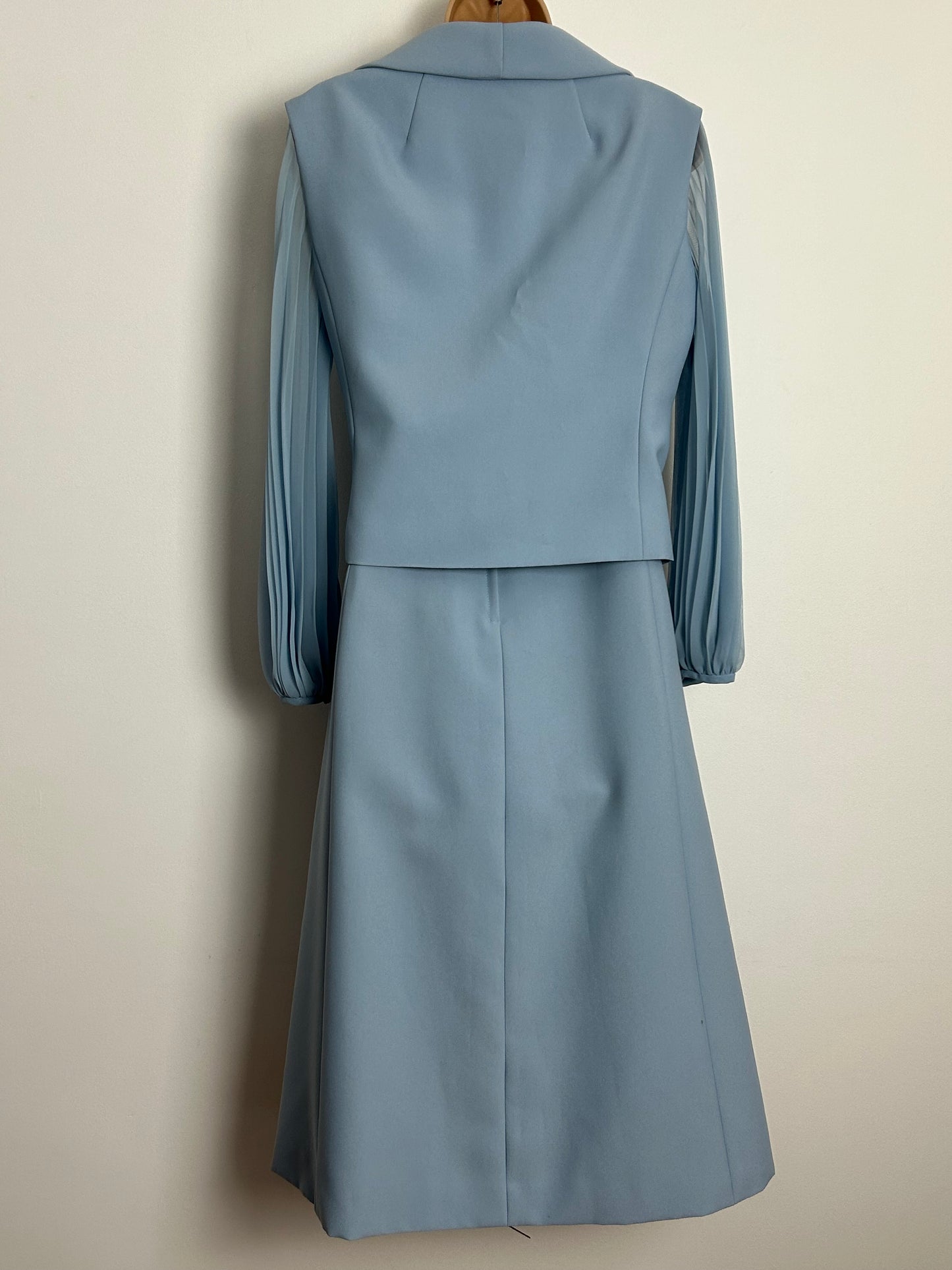 Vintage 1960s PEGGY FRENCH COUTURE UK Size 10 Powder Blue Long Pleated Sleeve Belted Dress With Matching Sleeveless Jacket