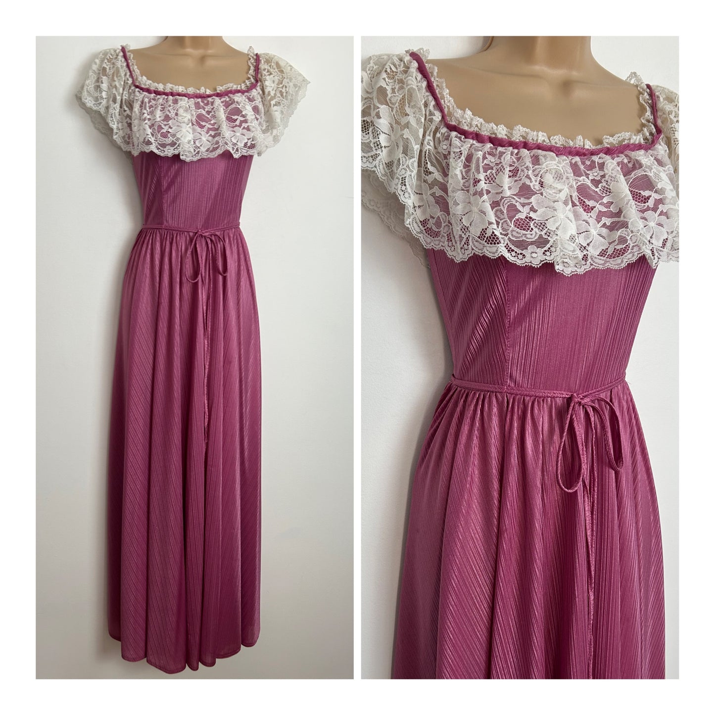 Vintage 1970s Size 6 Dusky Pink & White Lace Trim Bardot Neck Long Length Nightie