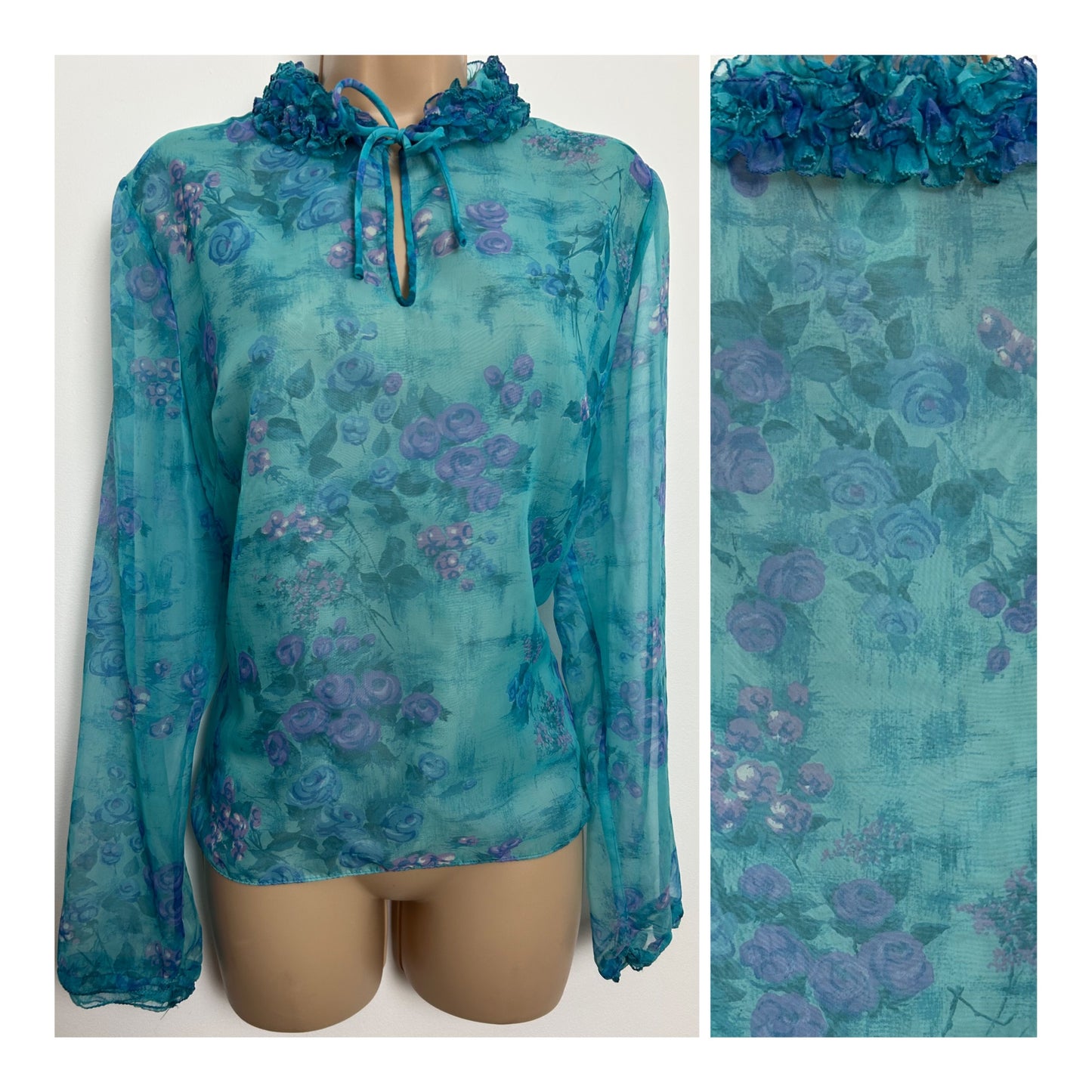 Vintage Late 1960s ST MICHAEL Size 12 Turquoise & Pink Ruffle Tie Neck Nylon Chiffon Blouse