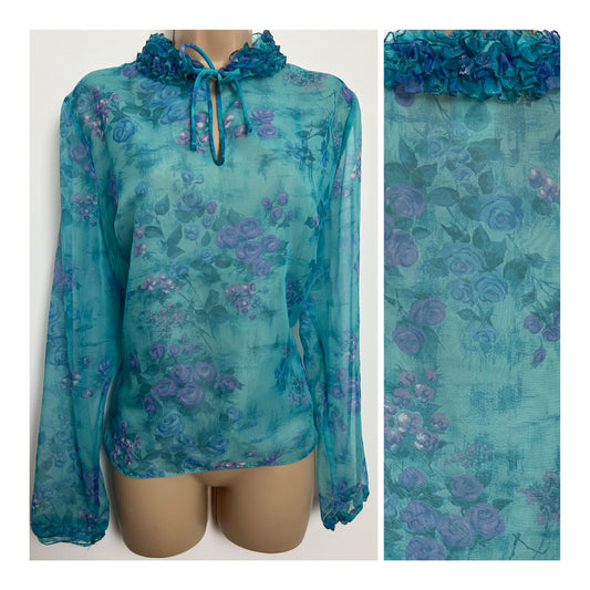 Vintage Late 1960s ST MICHAEL Size 12 Turquoise & Pink Ruffle Tie Neck Nylon Chiffon Blouse