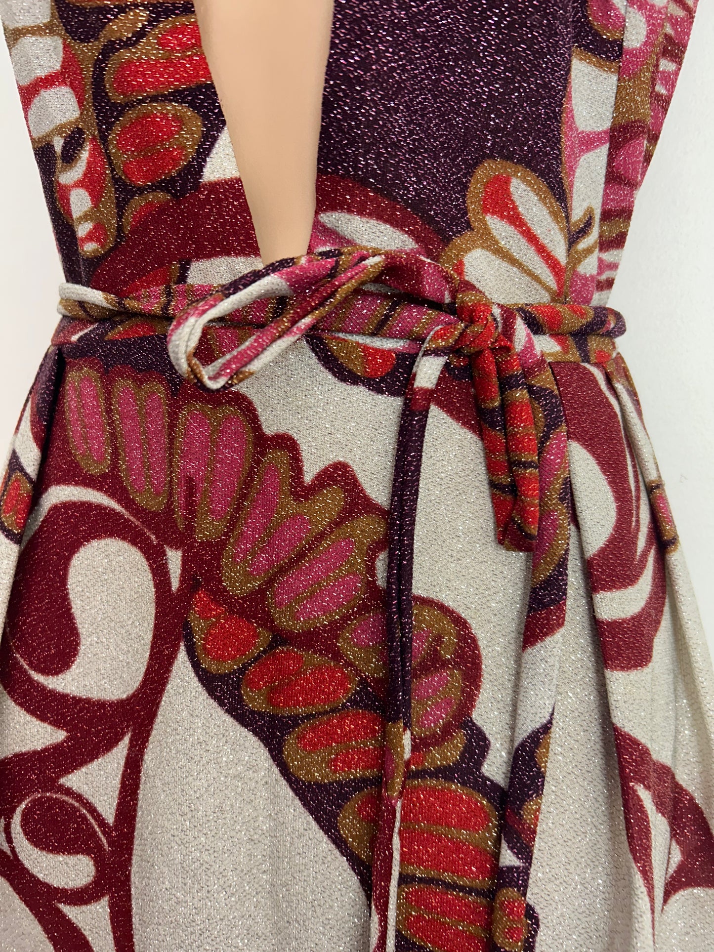 Vintage 1970s UK Size 14 Dark Red Purple Pink & Silver Abstract Print Shimmery Lurex Plunge Neck Belted Occasion Maxi Dress