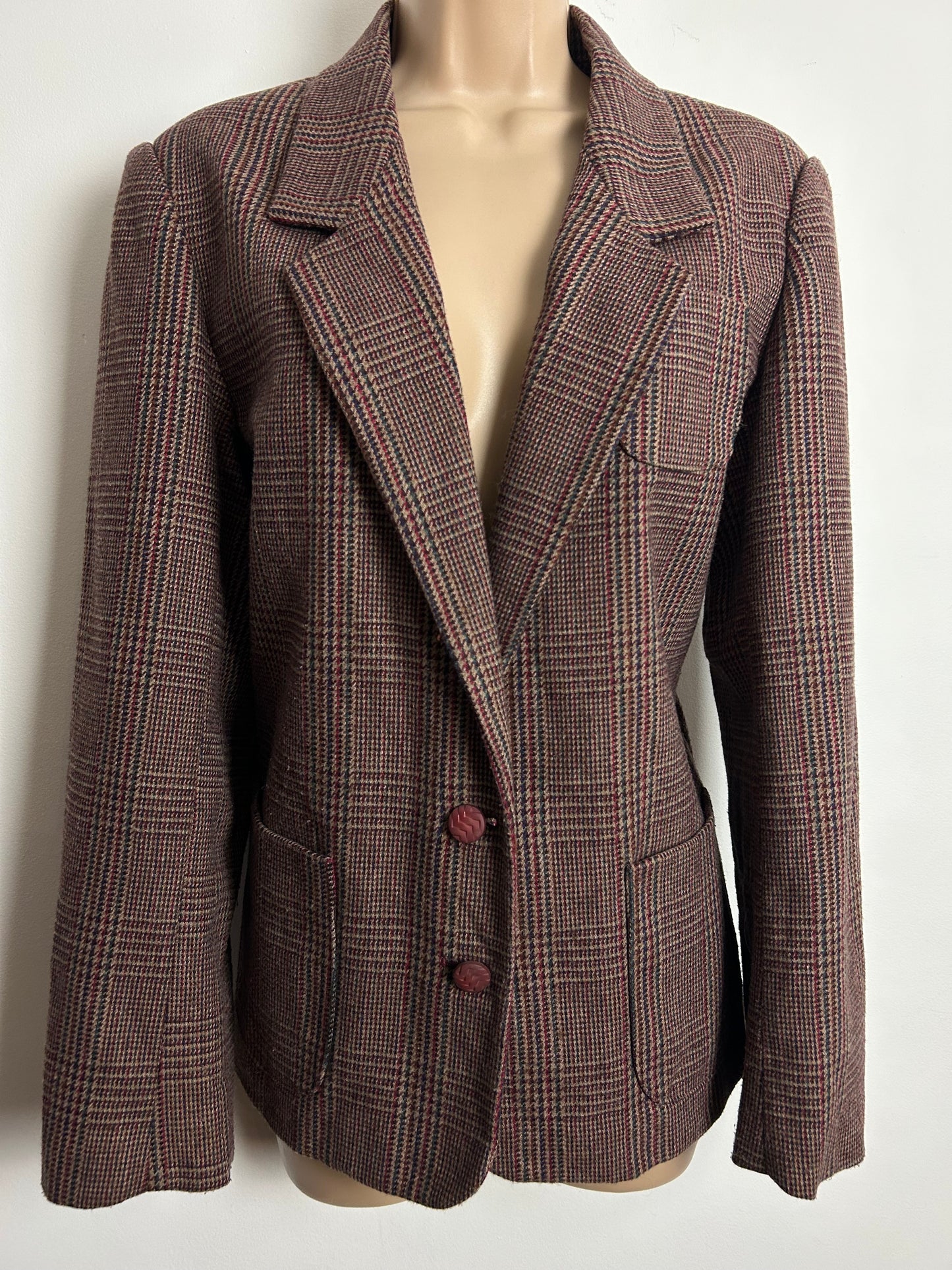 Vintage 1990s Size 14 Brown Tweed Check Wool Blend Blazer