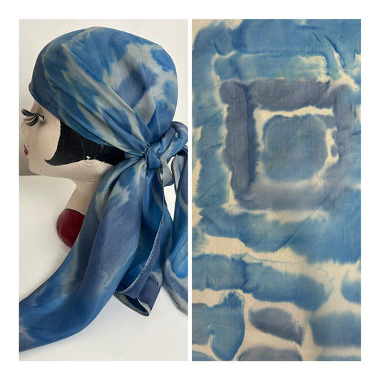 Vintage Blue & Grey Tie Dye Effect Abstract Print Silk Chiffon Scarf 86cm x 86cm