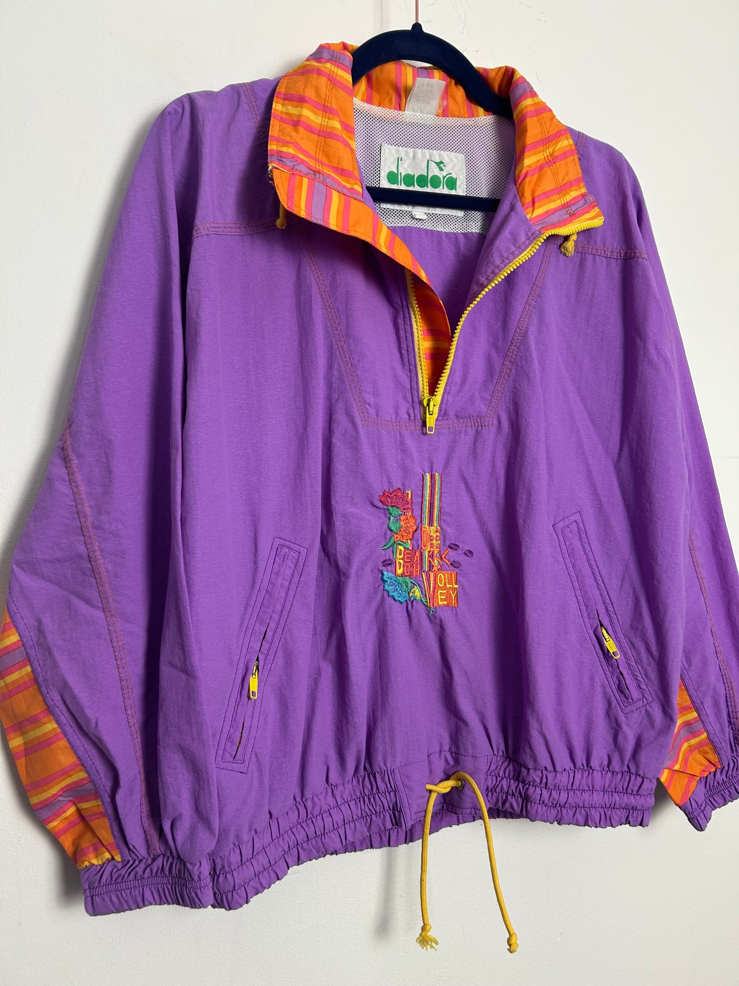 Vintage 1980s DIADORA Size S Lilac & Orange "BEACH VOLLEY" Windbreaker Shell Top