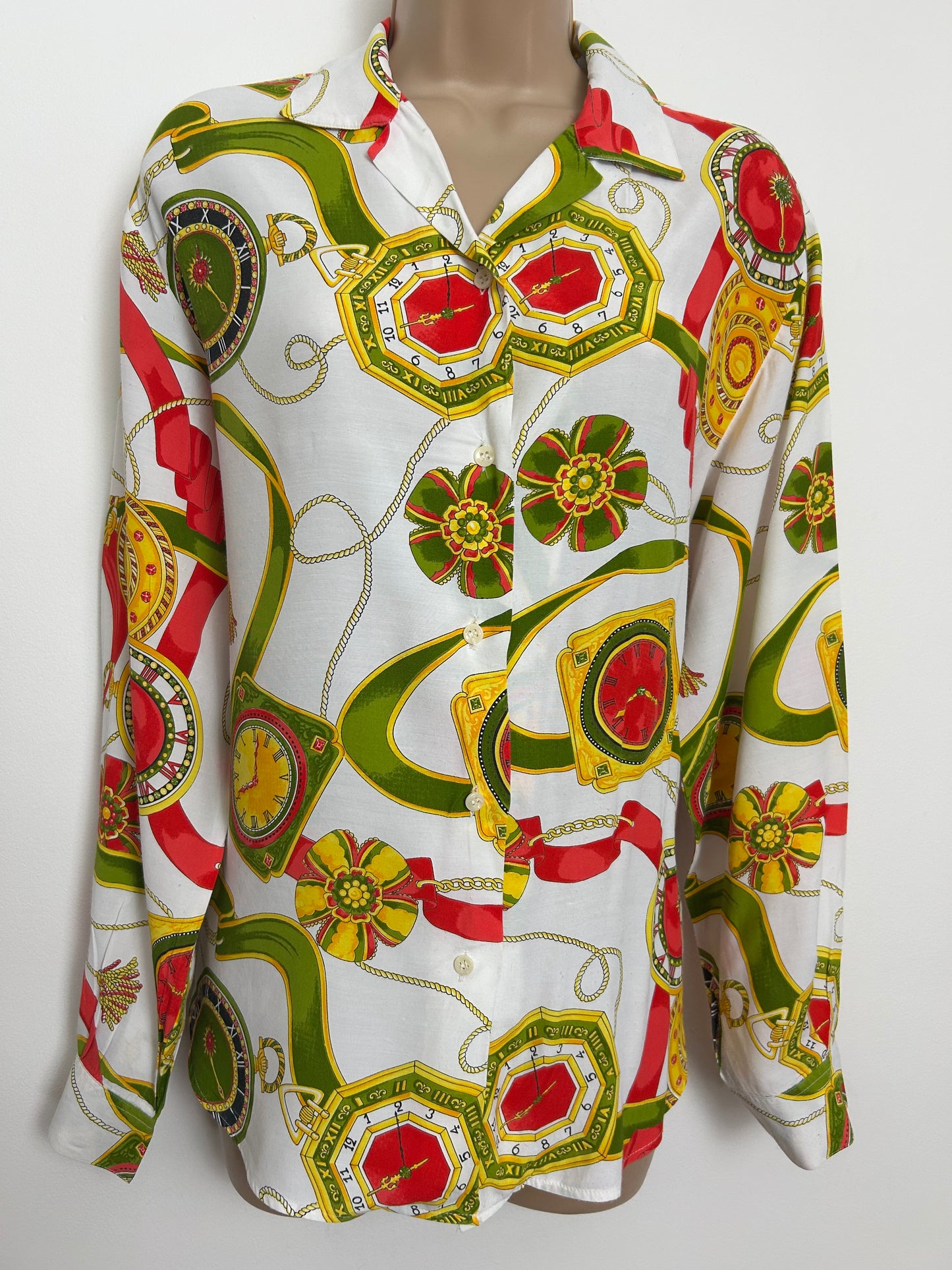 Vintage 1990s Size 14-16 White Red Green & Gold Baroque Clock Print Long Sleeve Shirt
