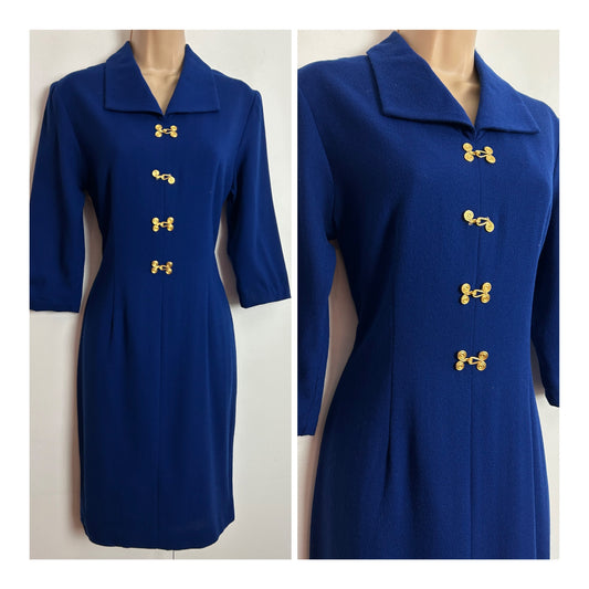 Vintage Early 1970s UK Size 8 Navy Blue Long Sleeve Wool Mix Long Sleeve Mod Day Dress