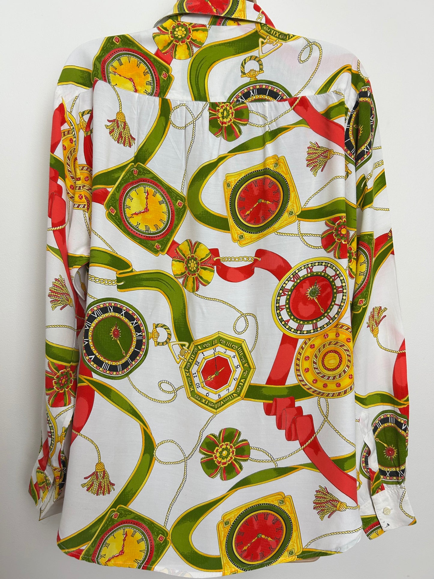 Vintage 1990s Size 14-16 White Red Green & Gold Baroque Clock Print Long Sleeve Shirt