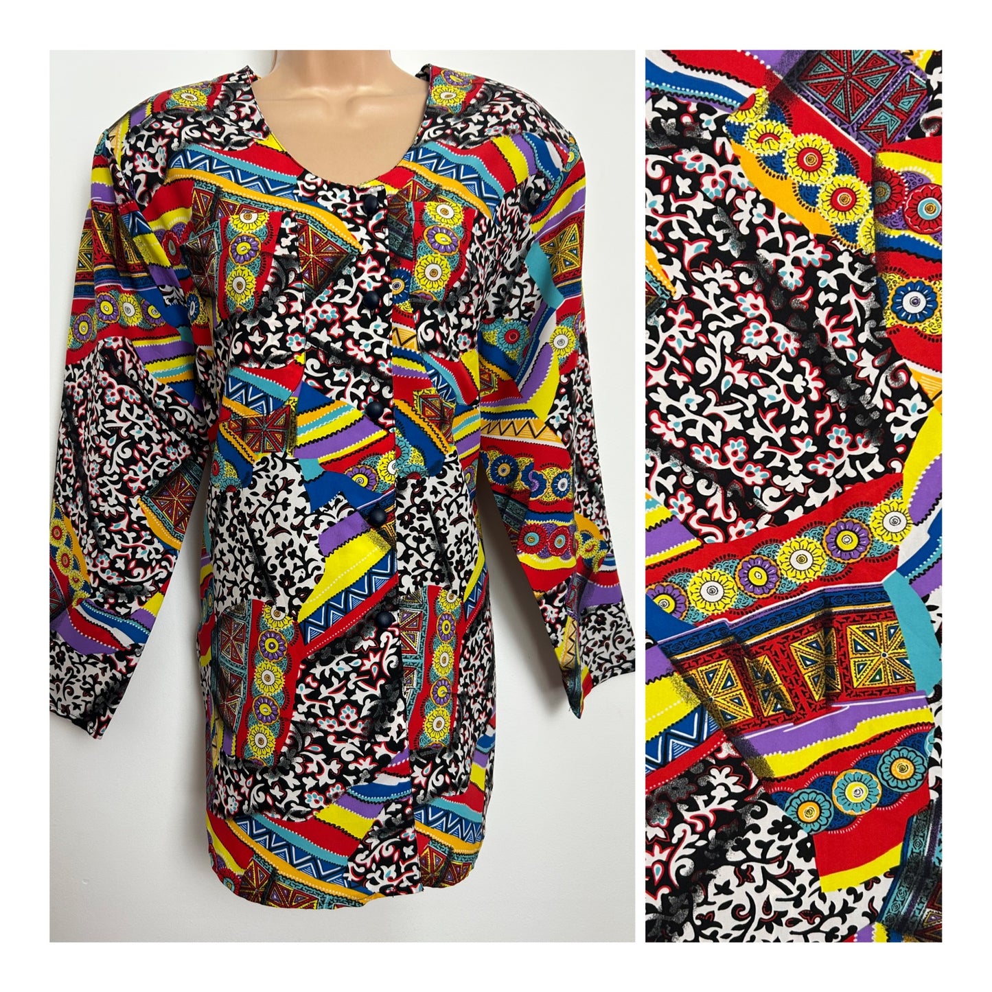 Vintage 1980s Size 12-14 Black Red Yellow Blue & Purple Abstract Print Long Sleeve Pocket Detail Shirt