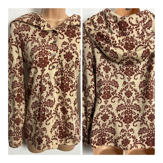 Vintage 1970s Size 10 Beige & Maroon Floral Print Flannel Cotton Hooded Shirt