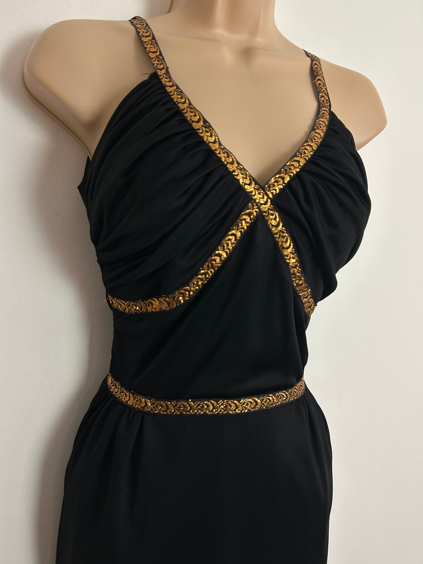 Vintage Early 1960s BLANES LONDON UK Size 6 Black & Metallic Gold Braid Trim Ruched Bust Little Black Party Dress