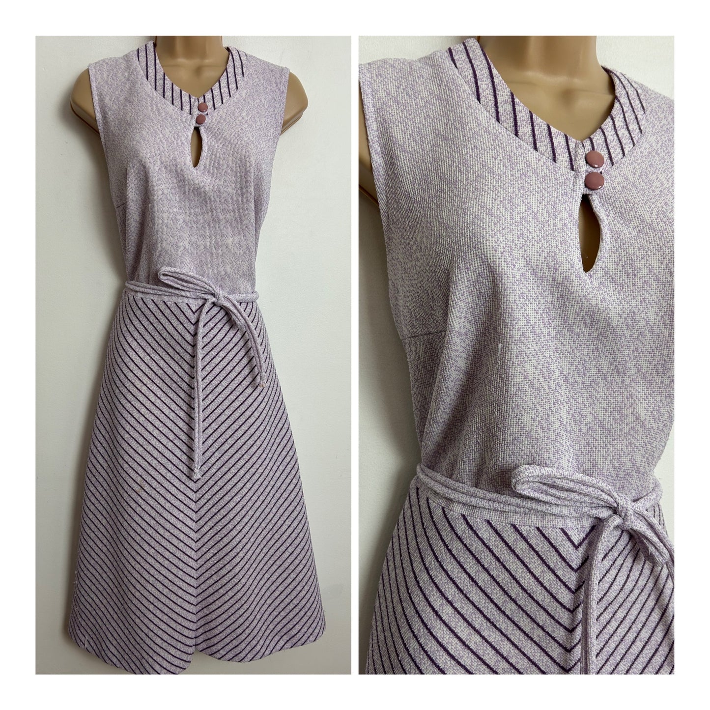 Vintage 1970s UK Size 14 Lilac & Purple Chevron Stripe Print Sleeveless Belted Mod Day Dress