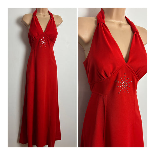 Vintage 1970s RICHARD SHOPS Size 10 Red Racer Back Diamante Detail Tie Back Evening Maxi Dress