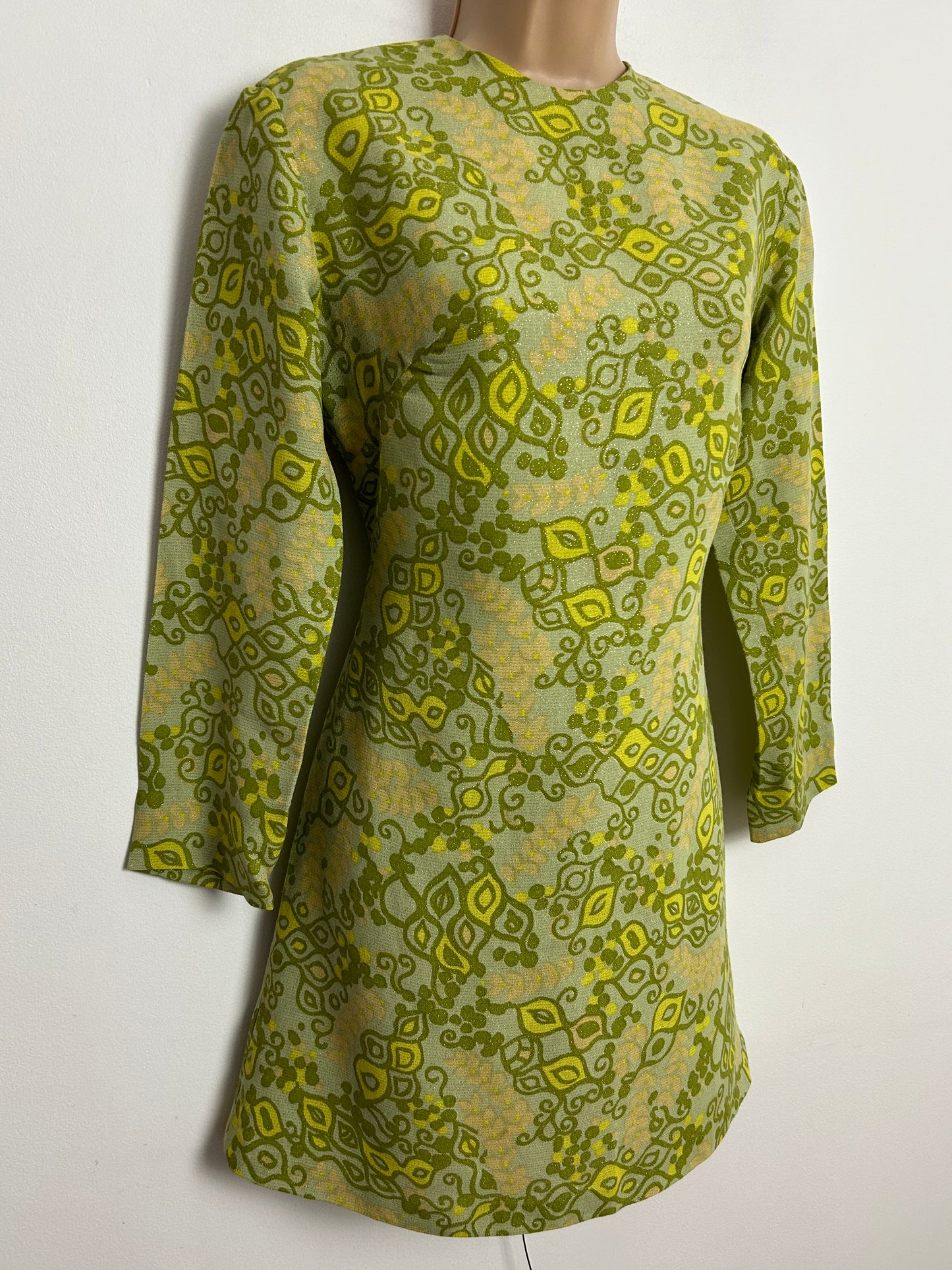 Vintage 1960s UK Size 10 Green Tones Abstract Print Lurex Long Sleeve Mod Shift Dress