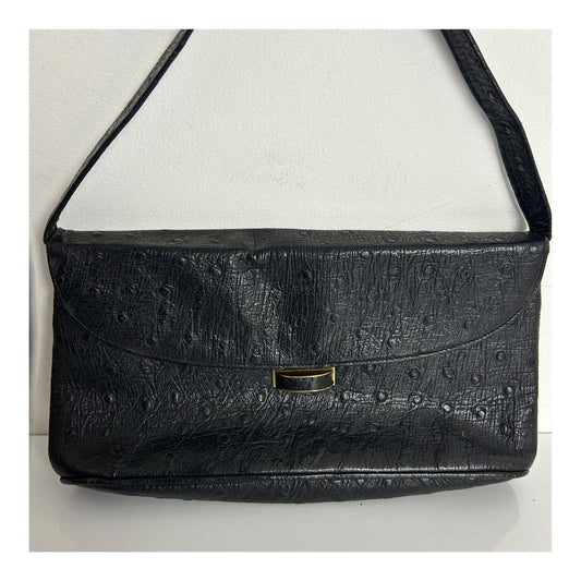 Vintage 1960s Black Ostrich Print Leather Small Handbag