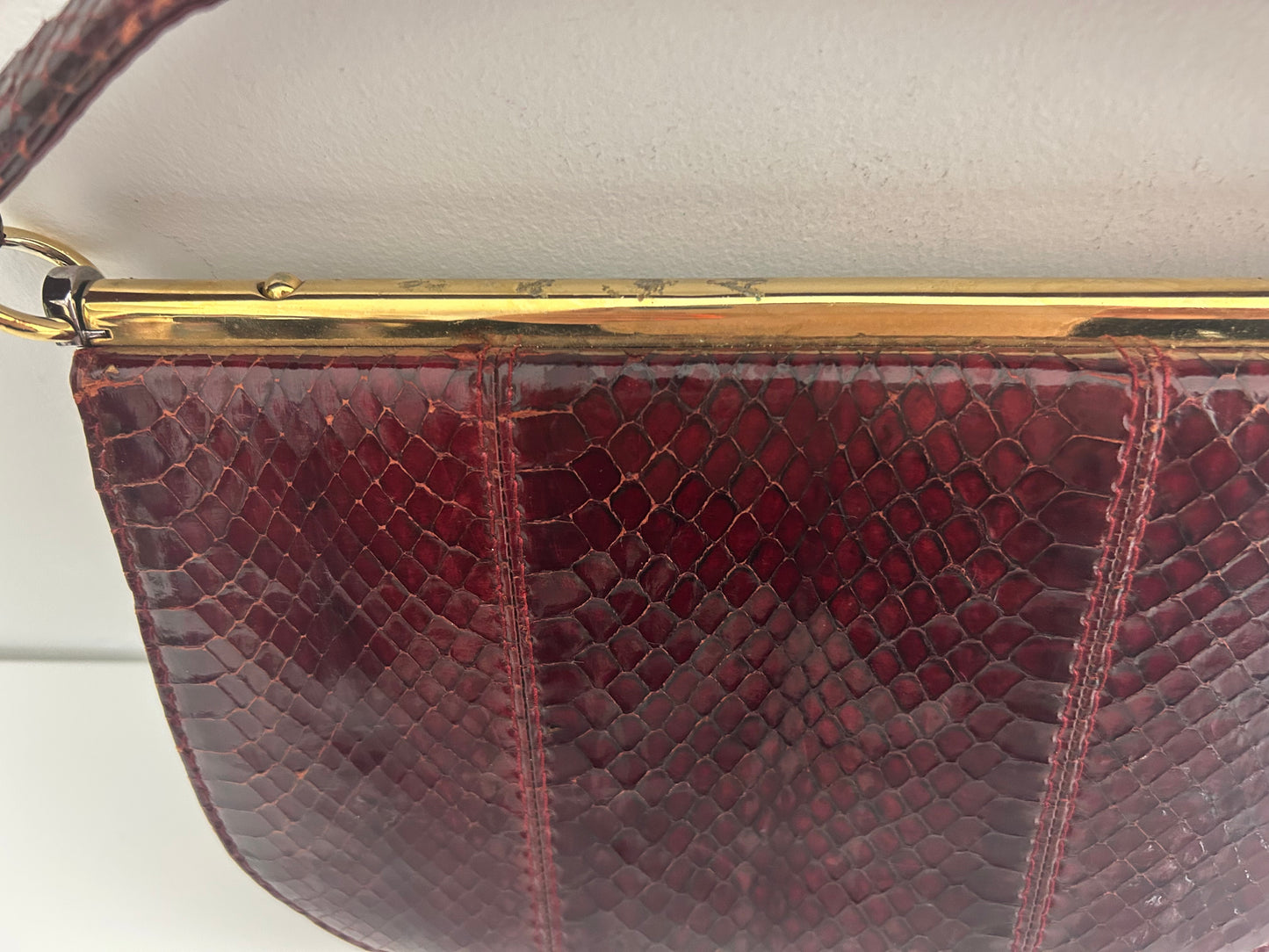 Vintage 1970s MAGLI Made In Italy Red Oxblood Snake Skin Unusual Shaped Handbag