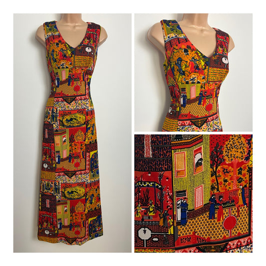 Vintage 1970s Size 10 RARE Red Yellow & Orange Scenic Storybook Novelty Print Column Maxi Dress