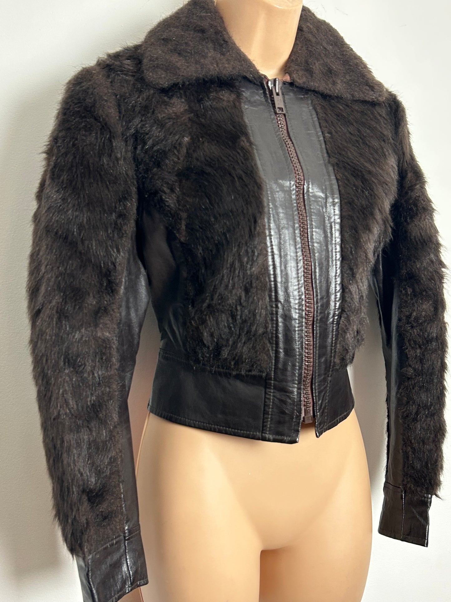 Vintage 1980s SCAN Size 10 Brown Faux Leather & Faux Fur Cropped Zip Up Jacket