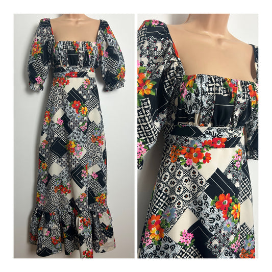 Vintage 1970s Size 8 White Black & Orange Patchwork Floral Print Puffed Sleeve Maxi Dress