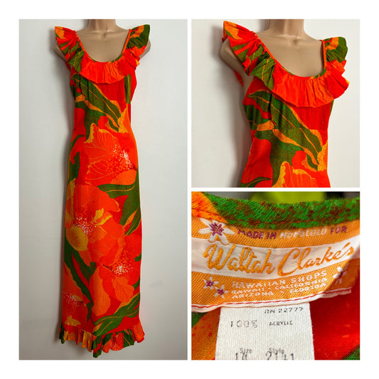 Vintage 1960s WALTAH CLARKE'S UK Size 12 Beautiful Neon Orange Yellow & Green Floral Print Ruffle Detail Hawaiian Maxi Dress
