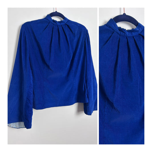 Vintage 1970s Size 10 Dark Blue High Neck Needlecord Cotton Long Flared Sleeve Top