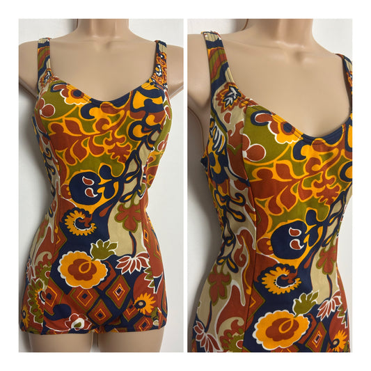 Vintage 1960s Italian HERMA Size 14 Rusty Brown Navy & Orange Abstract Floral Print Moulded Cups Swimsuit