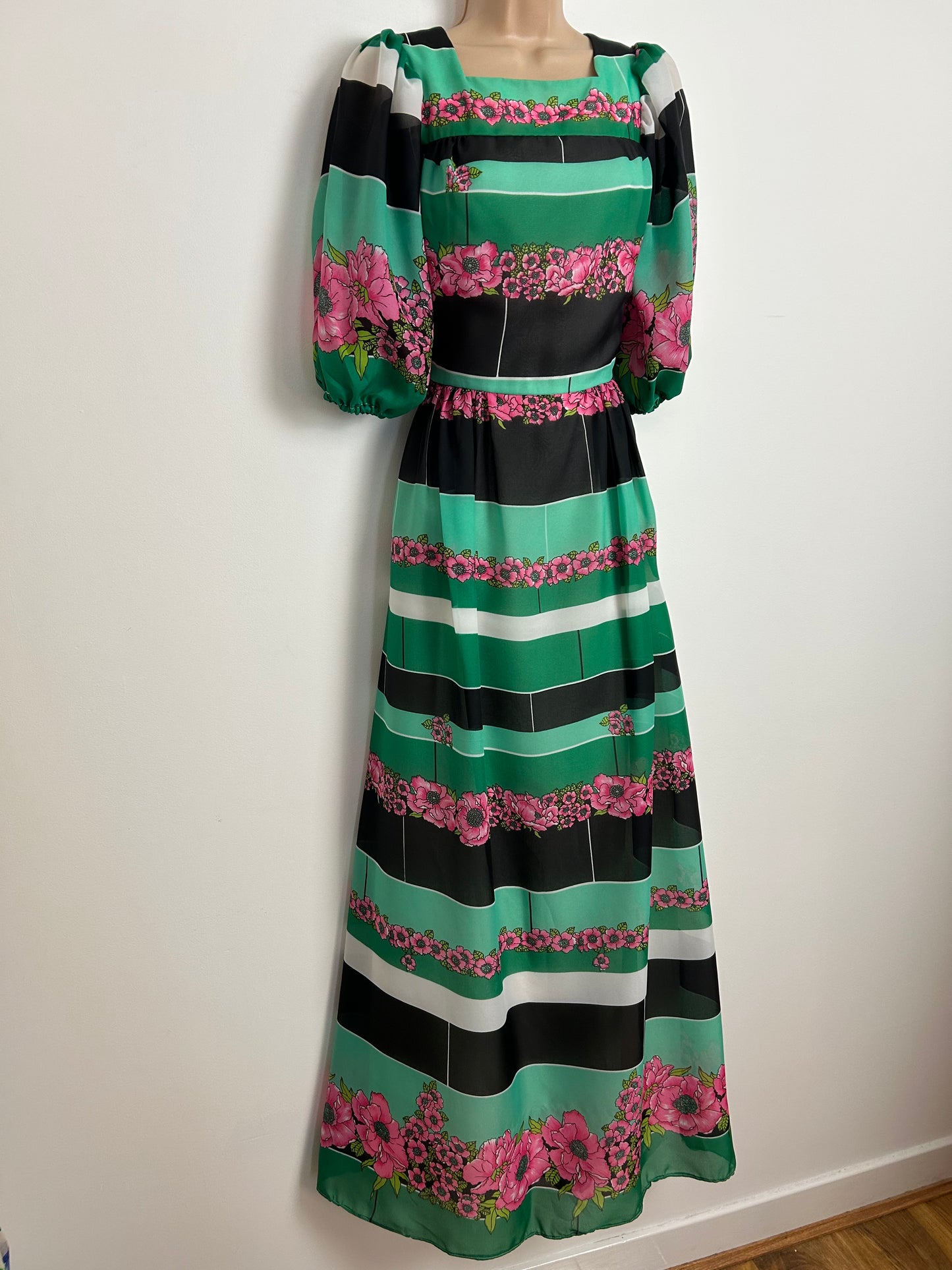 Vintage 1970s Size 10-12 Black Green White & Pink Stripe & Floral Print Puffed Sleeve Maxi Dress