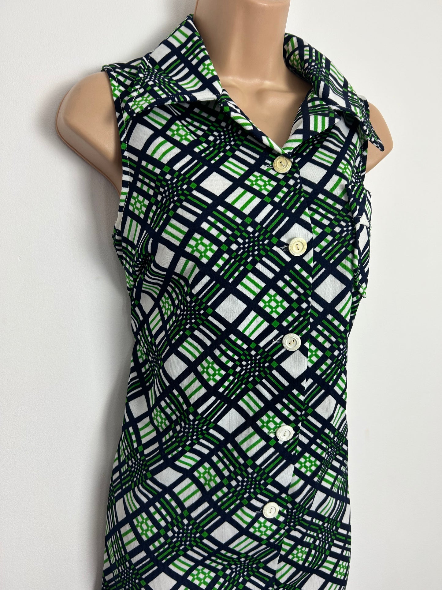 Vintage 1970s UK Size 12 ELIZABETH TEES Blue Green & White Check Print Sleeveless Mod Dress