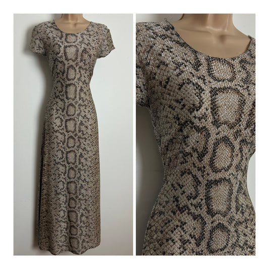 Vintage 1970s Size 6 Snake Skin Print Short Sleeve Lurex Evening Maxi Dress