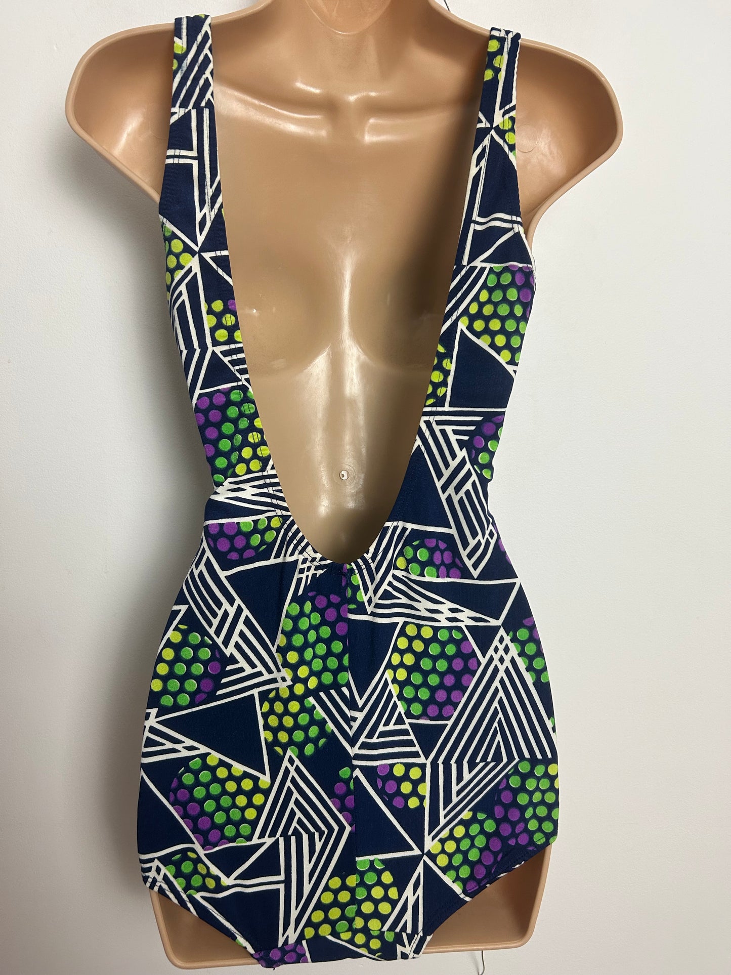 Vintage 1970s Size 14 Navy Blue White Green & Purple Stripe Geo & Spot Print Moulded Cups Swimsuit