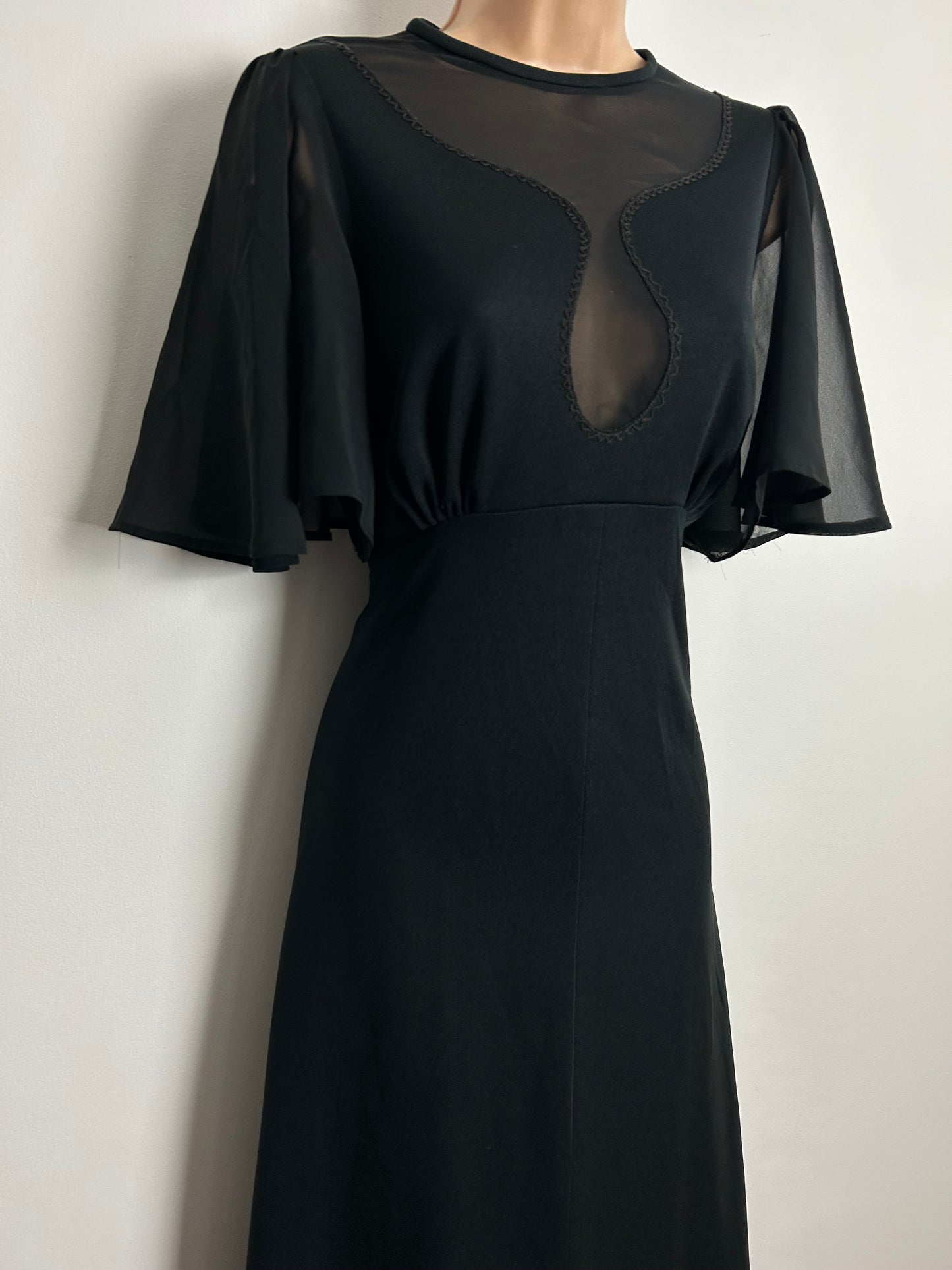 Vintage 1970s Size 12-14 Black Illusion Neck Flutter Sleeve Occasion Evening Maxi Dress