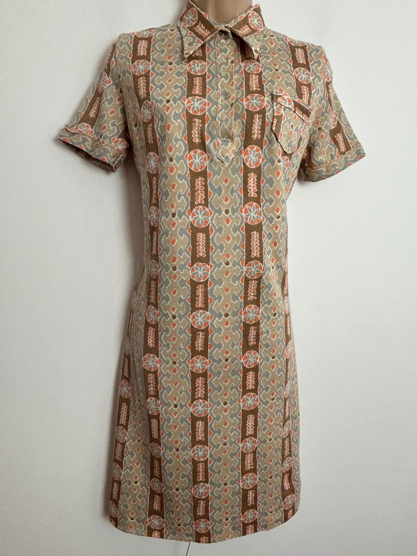 Vintage 1970s UK Size 8-10 ITALIAN Brown Beige Orange & Blue Abstract Print Short Sleeve Mod Shift Dress