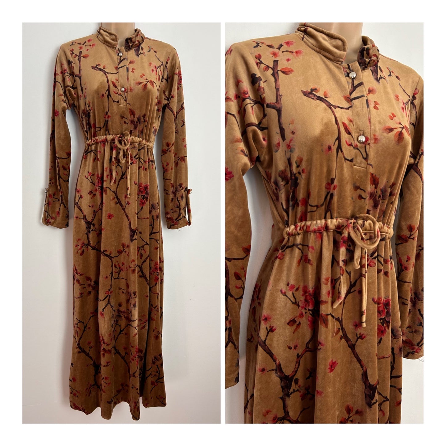 Vintage 1970s Homemade UK Size 8-10 Sandy Beige Blossom Floral Print Long Sleeve Pull Tie Waist Velour Boho Maxi Dress