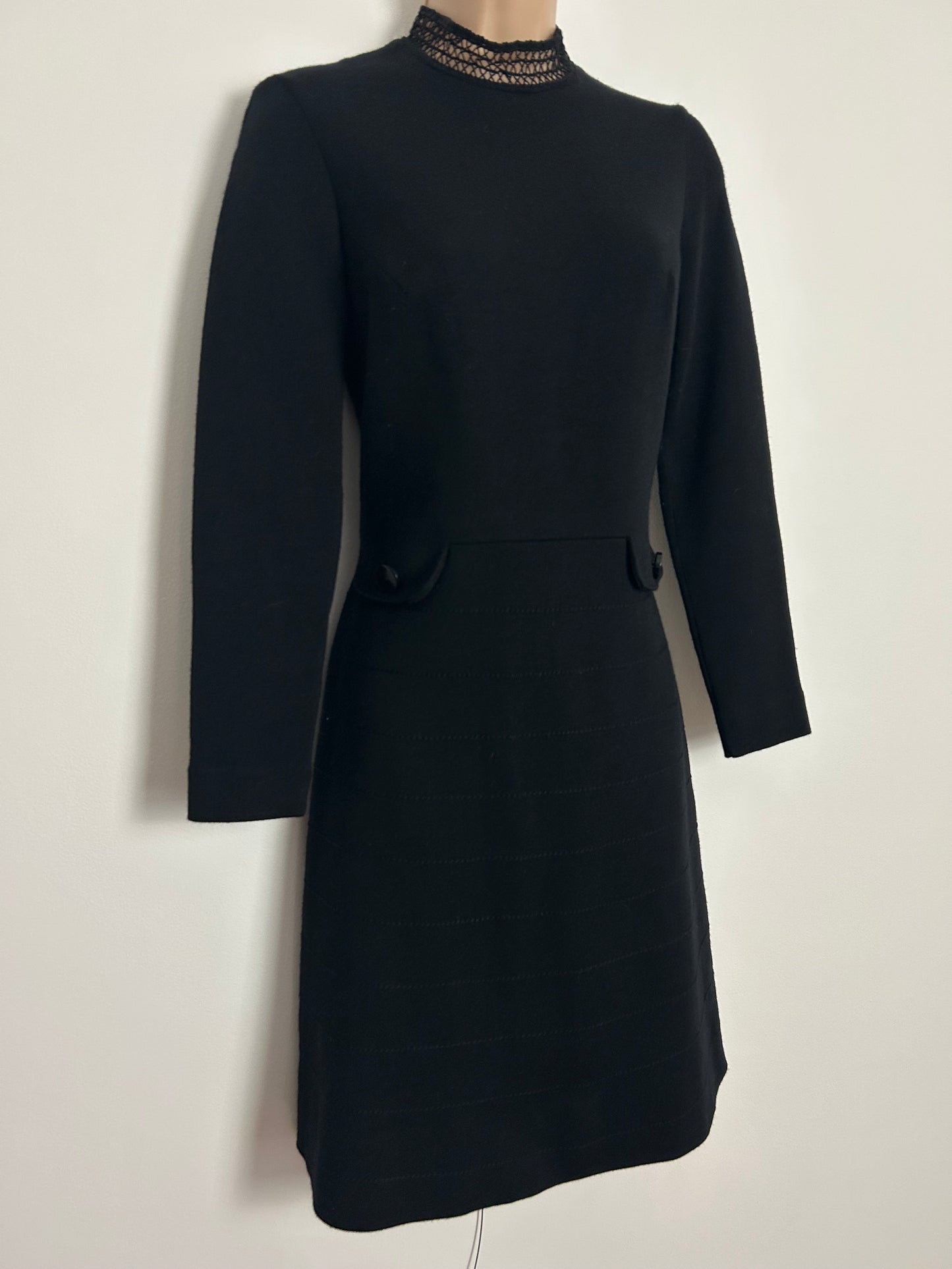 Vintage 1960s UK Size 8 Black Wool Mix Lace Trim & Pocket Detail Mod Dress