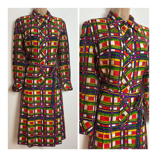Vintage 1970s Size 12 Red Green Purple White & Yellow Check Stripe Print Belted Pleated Dagger Collar Dress